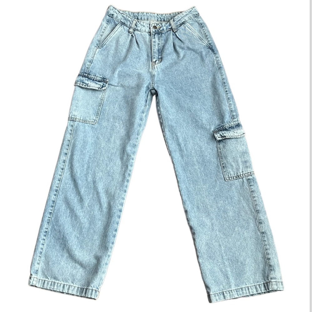 Shein Hi Rise Mom Jeans Y2K Denim Cargo Pants Light Wash Pleated Flap Pocket